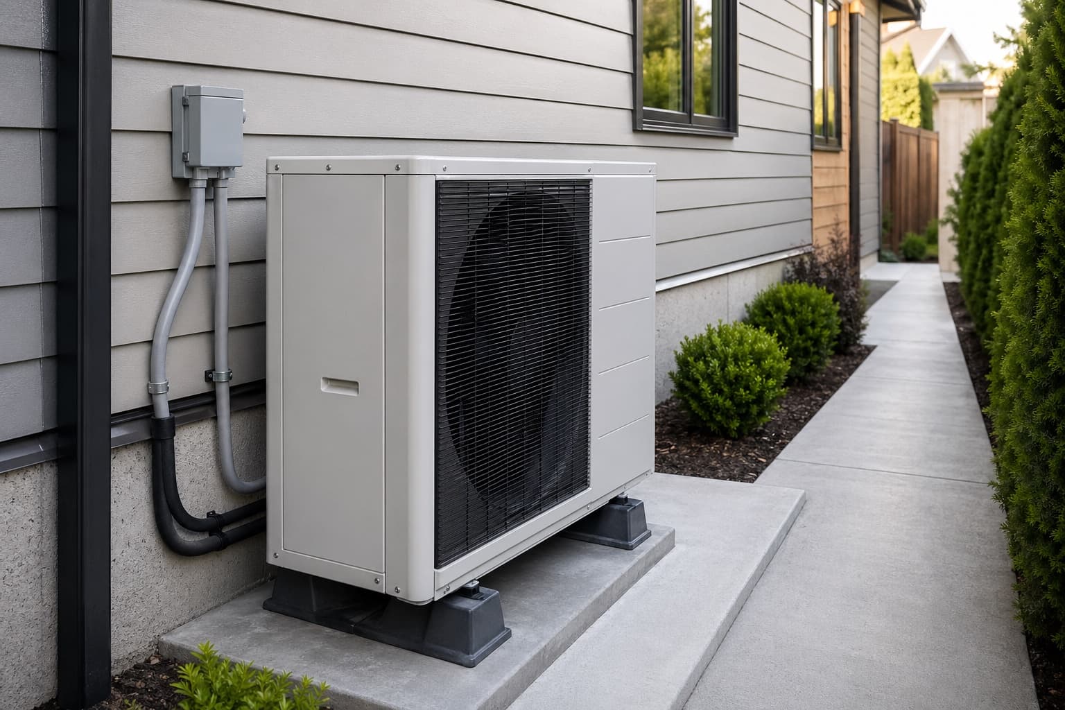 Outdoor heat pump unit beside a house