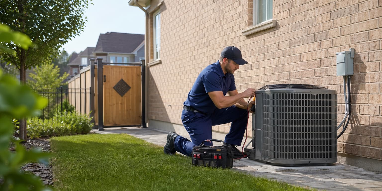 Person working beside outdoor HVAC equipment
