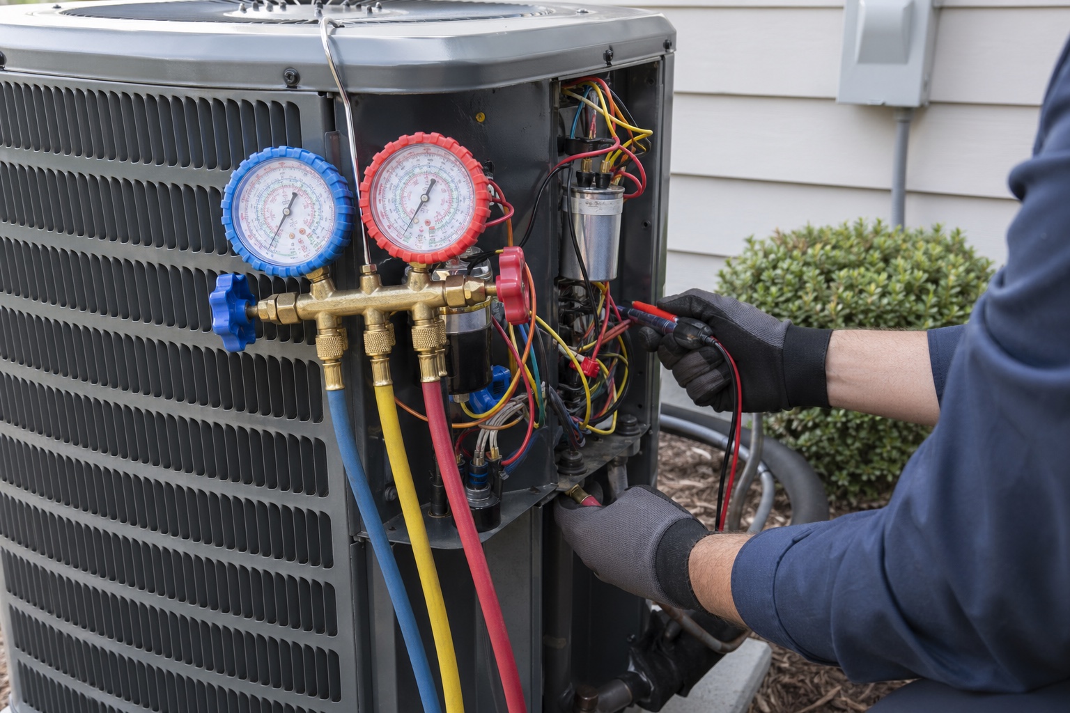 HVAC technician repairing an outdoor air conditioner condenser