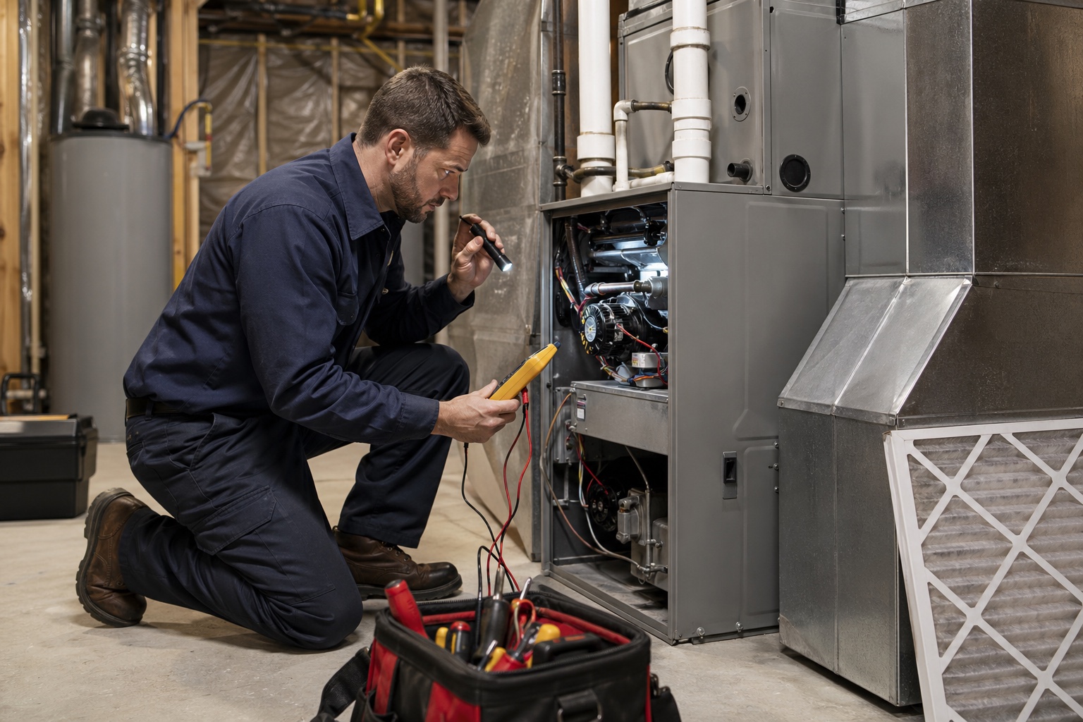 HVAC technician inspecting a residential furnace in a basement mechanical room