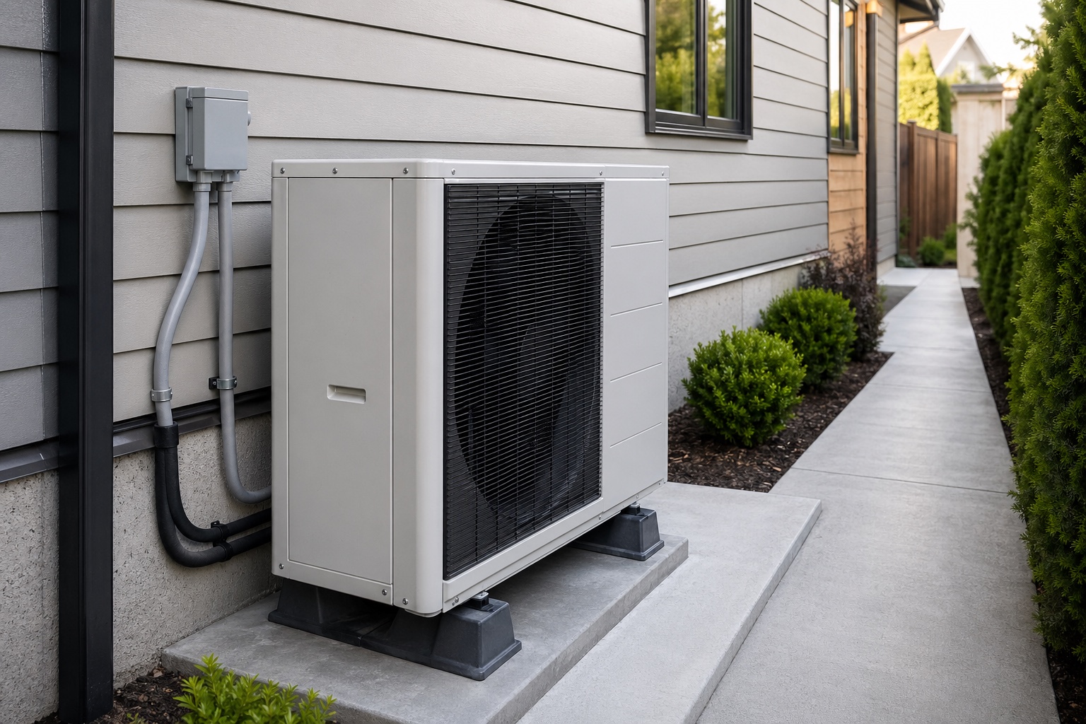 Modern residential heat pump installed beside a home